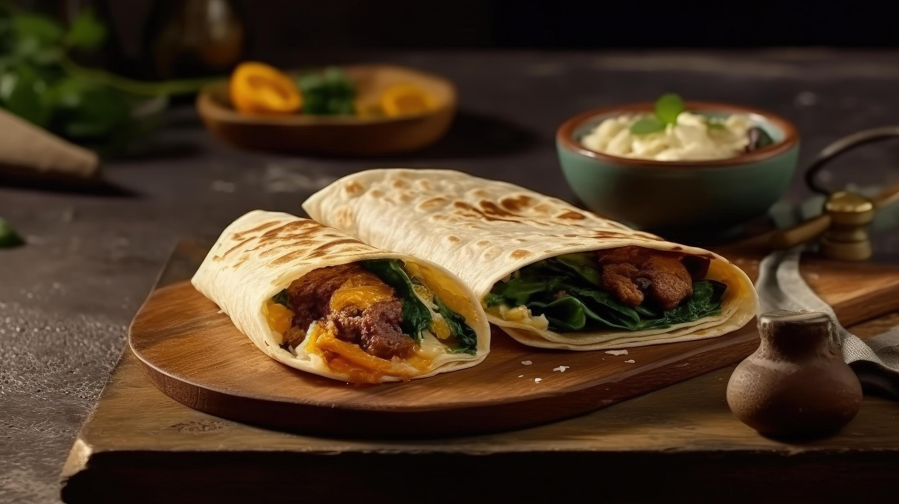 Breakfast tortilla wrap with omelet, beans and vegetables Illustration