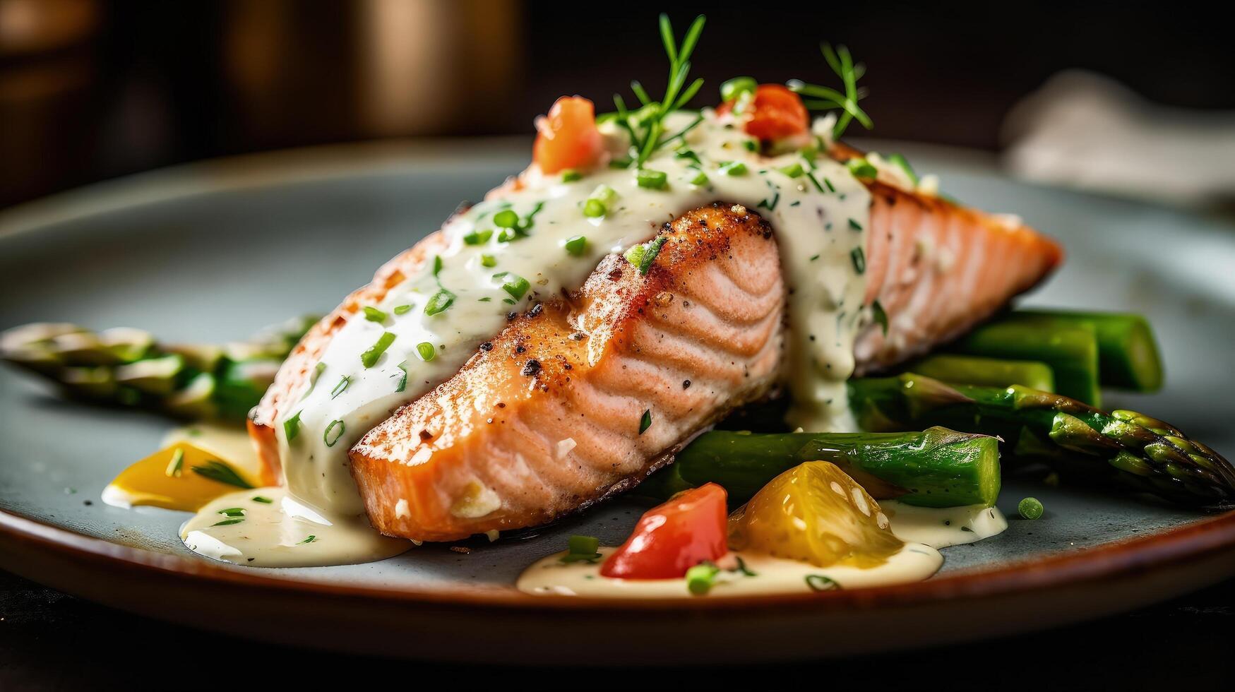 Grilled salmon with asparagus in bechamel sauce Illustration 24529924