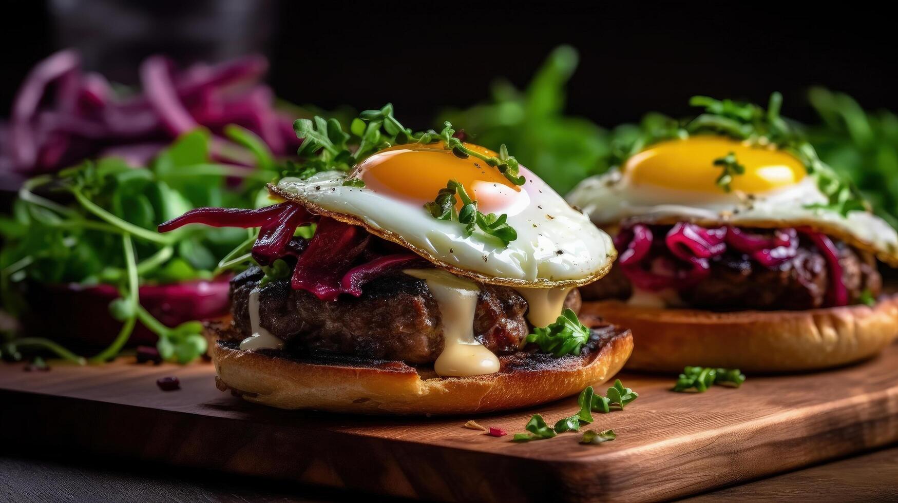 Beef burger with egg. Illustration photo