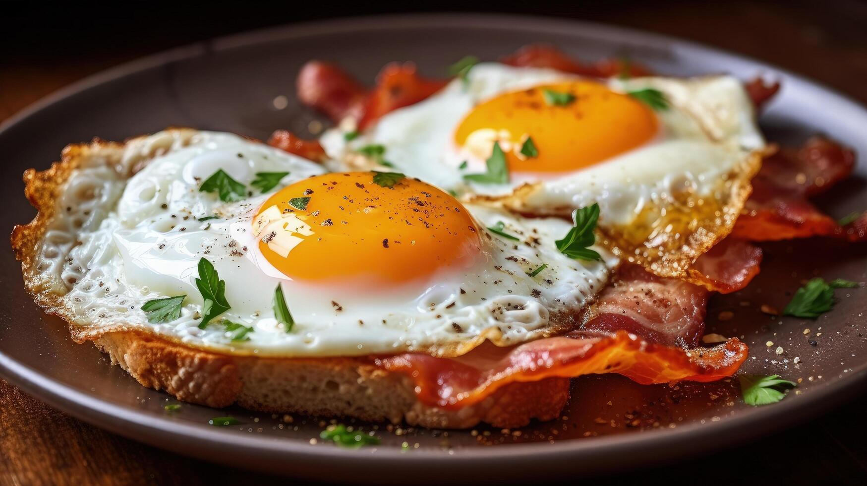 Fried eggs sunny side up on french baguette, ham Illustration photo