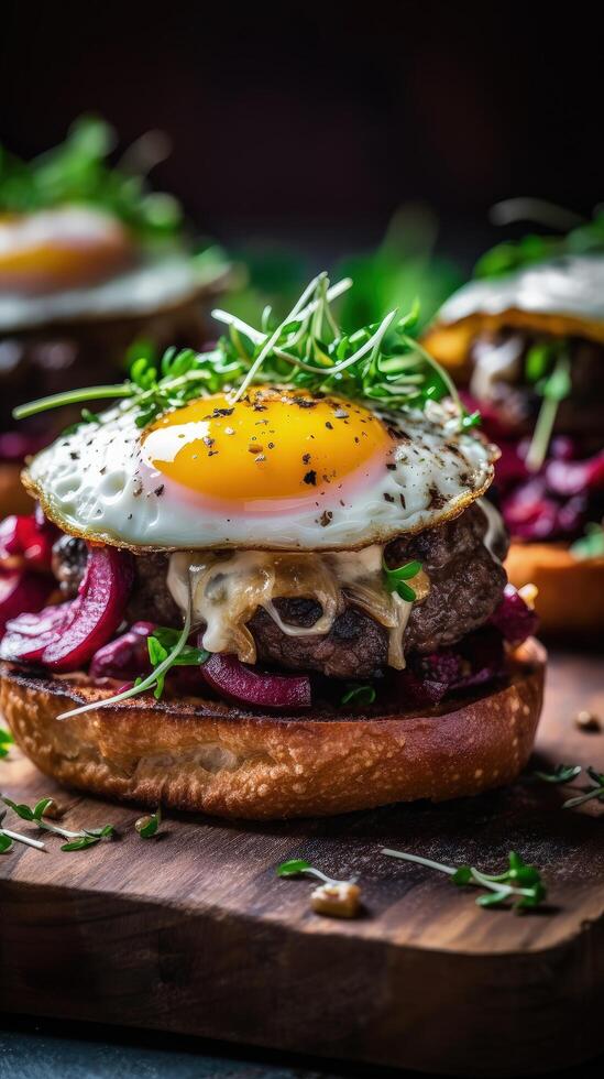 Beef burger with egg. Illustration photo