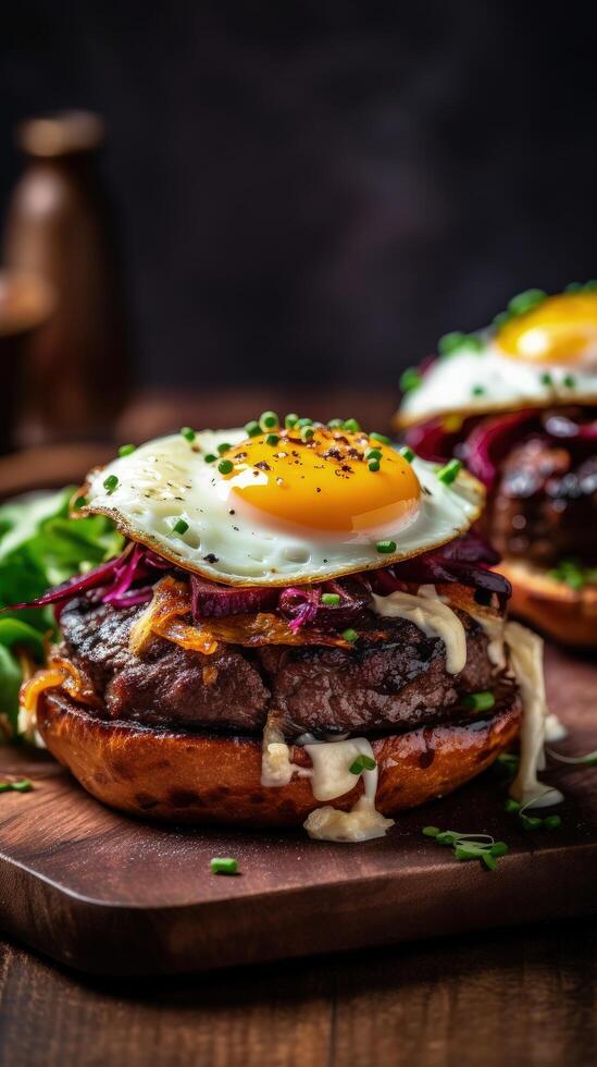 Beef burger with egg. Illustration photo