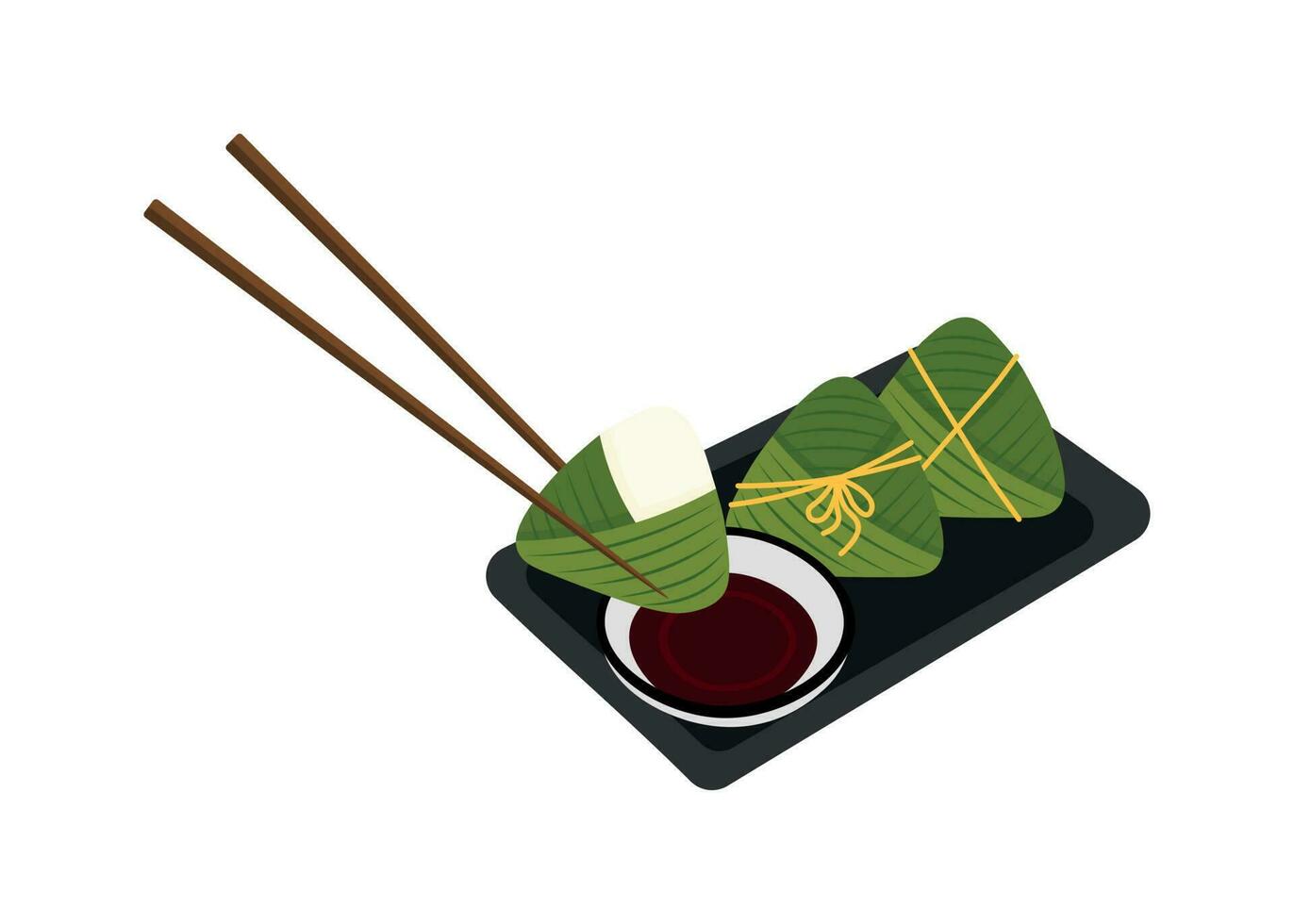 Zongzi, soy sauce and chopsticks on a plate vector