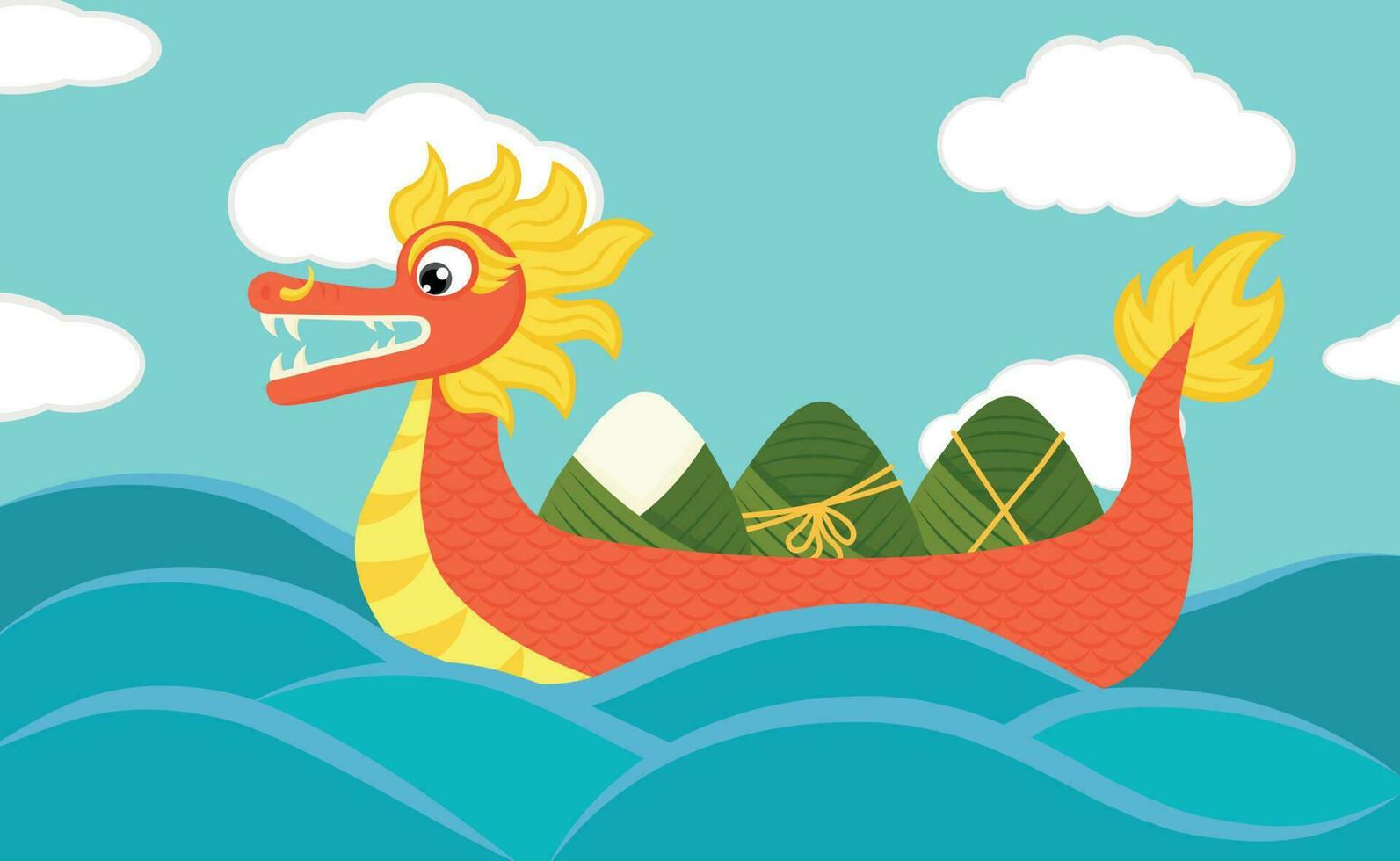 Dragon boat carrying zongzi on the river for dragon boat festival with clouds in the background, vector illustration