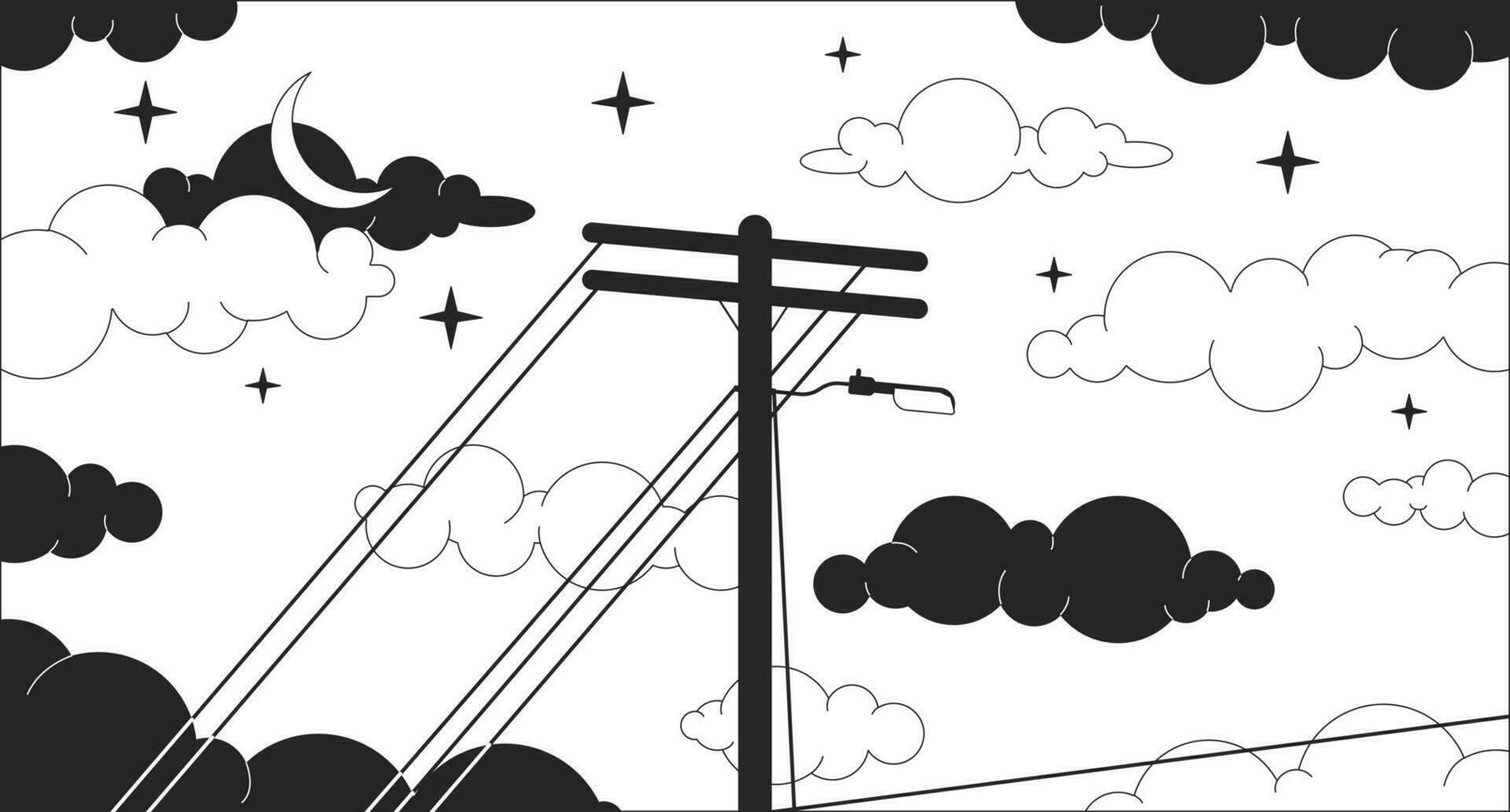 teléfono polo en soñador noche cielo negro y blanco lo fi frío fondo de pantalla. eléctrico cables en noche cielo 2d vector dibujos animados paisaje ilustración, minimalismo antecedentes. Años 80 retro álbum arte, arte lineal