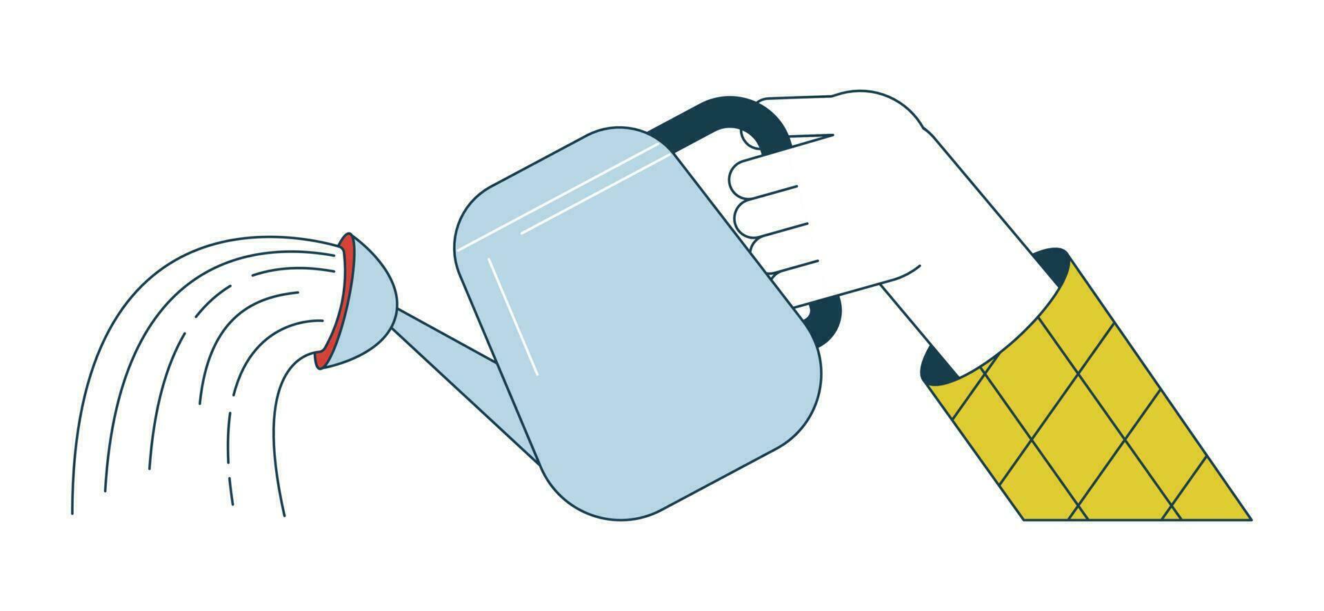 Hand holding watering can flat line vector spot illustration. Plant waterer 2D cartoon outline first view hand on white for web UI design. Pouring water equipment editable isolated colorful hero image