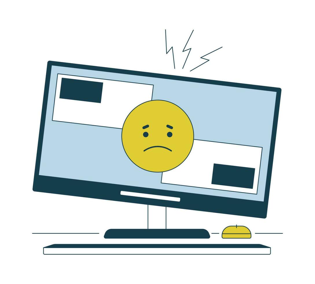 Computer problem flat line vector spot illustration. Sad emoticon on cracked display 2D cartoon outline object on white for web UI design. Broken equipment editable isolated colorful hero image