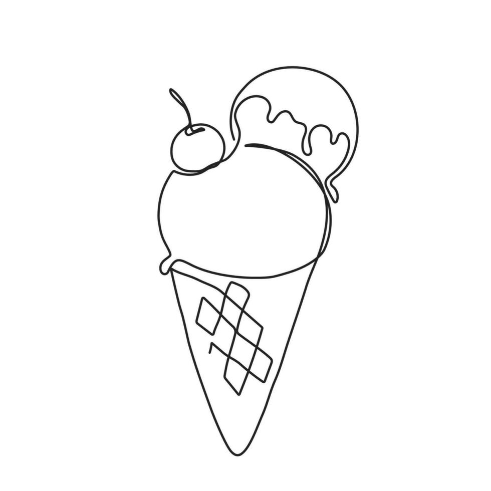 Continuous one line drawing of ice cream waffle cone. Vector illustration of hand drawn dessert with cherry on linear style