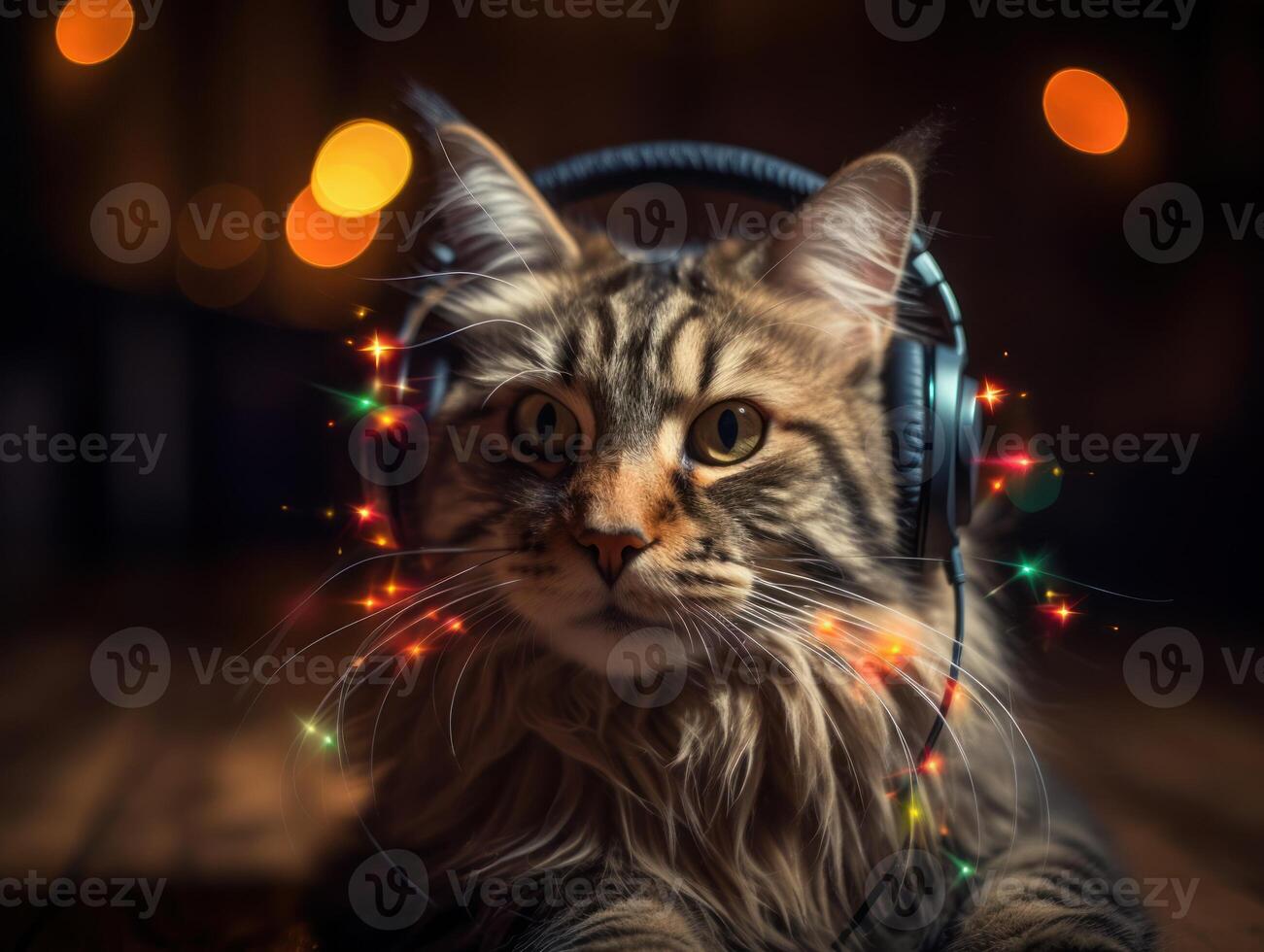 Cat in big headphones enjoys music. Created with technology photo