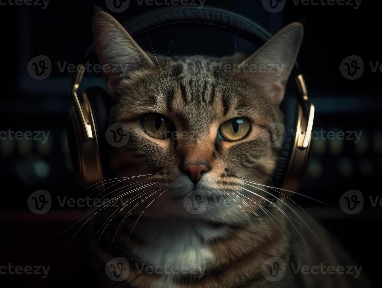 Cat in big headphones enjoys music. Created with technology photo