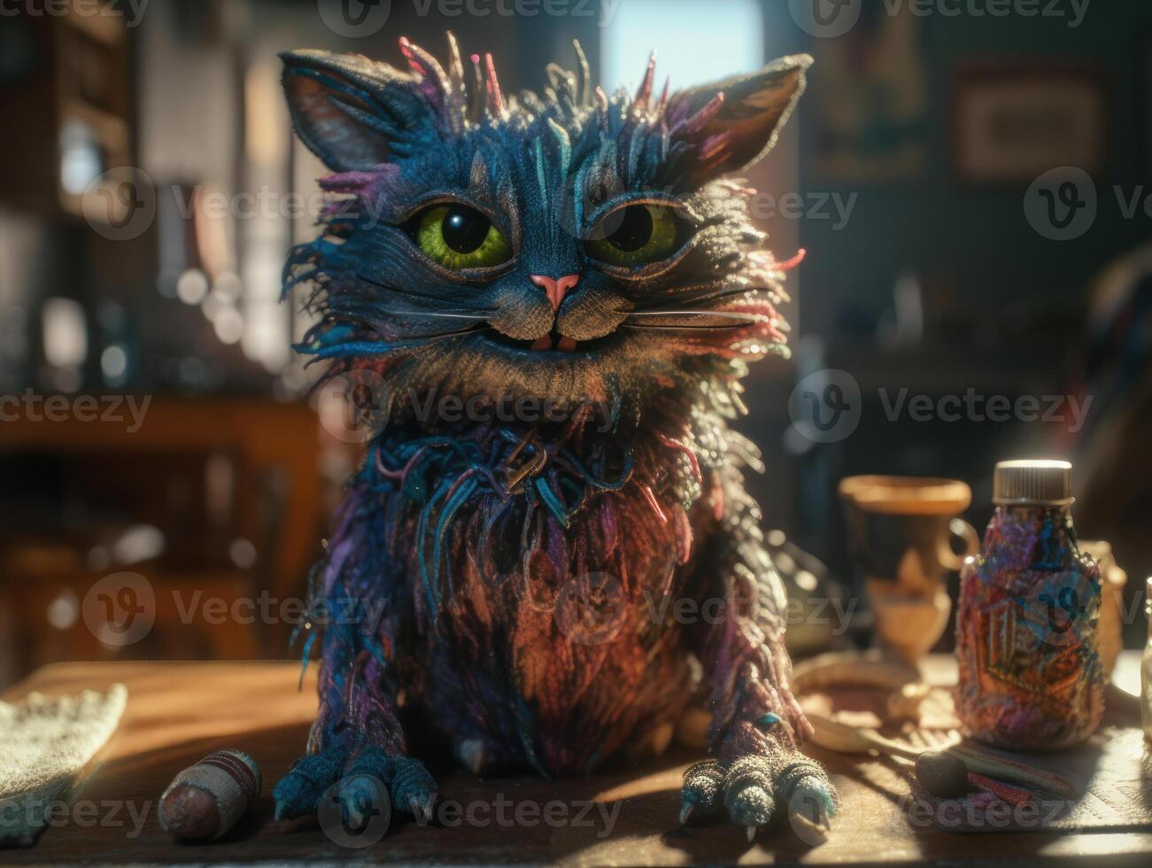 Fantasy portrait of a red cat with big eyes created with technology. photo
