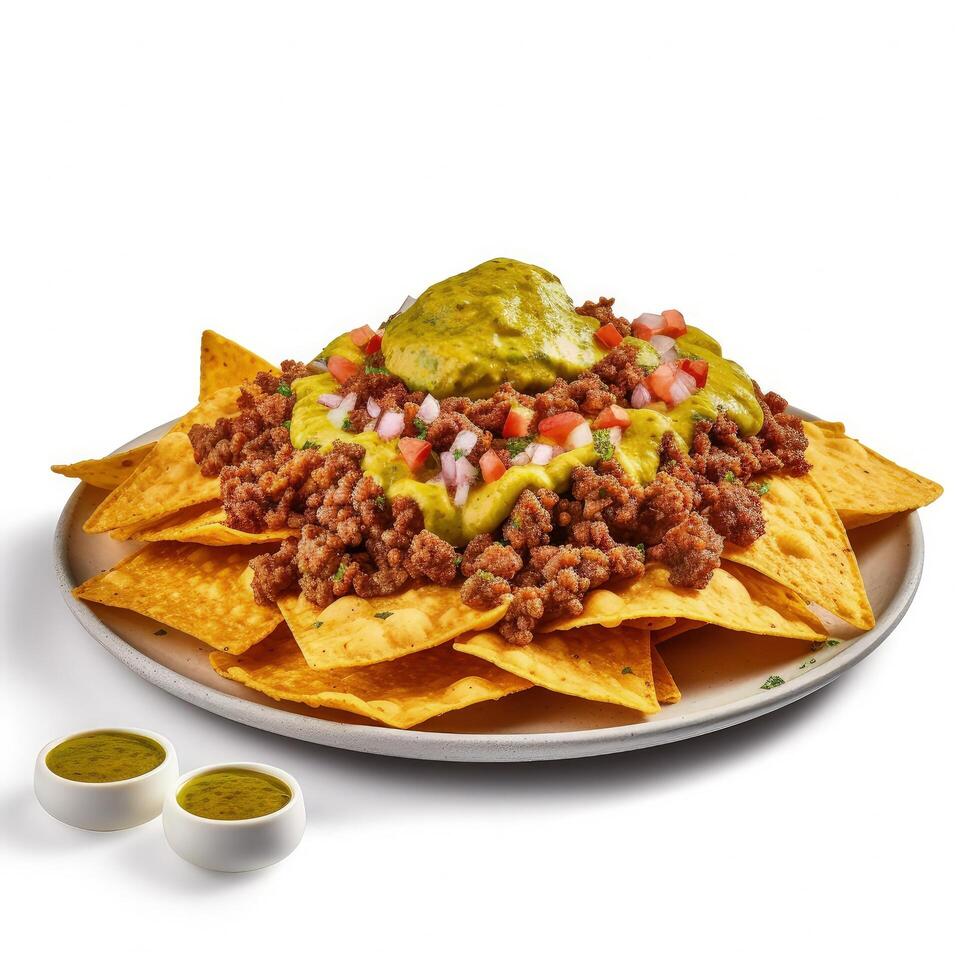 Corn chips nachos with fried minced meat and guacamole isolated Illustration photo
