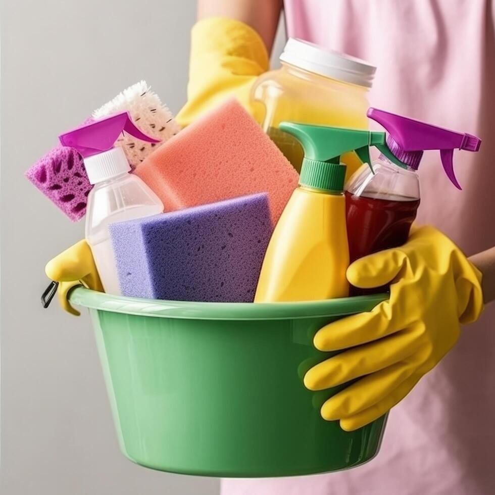 Cleaning products and tools on bucket Illustration photo