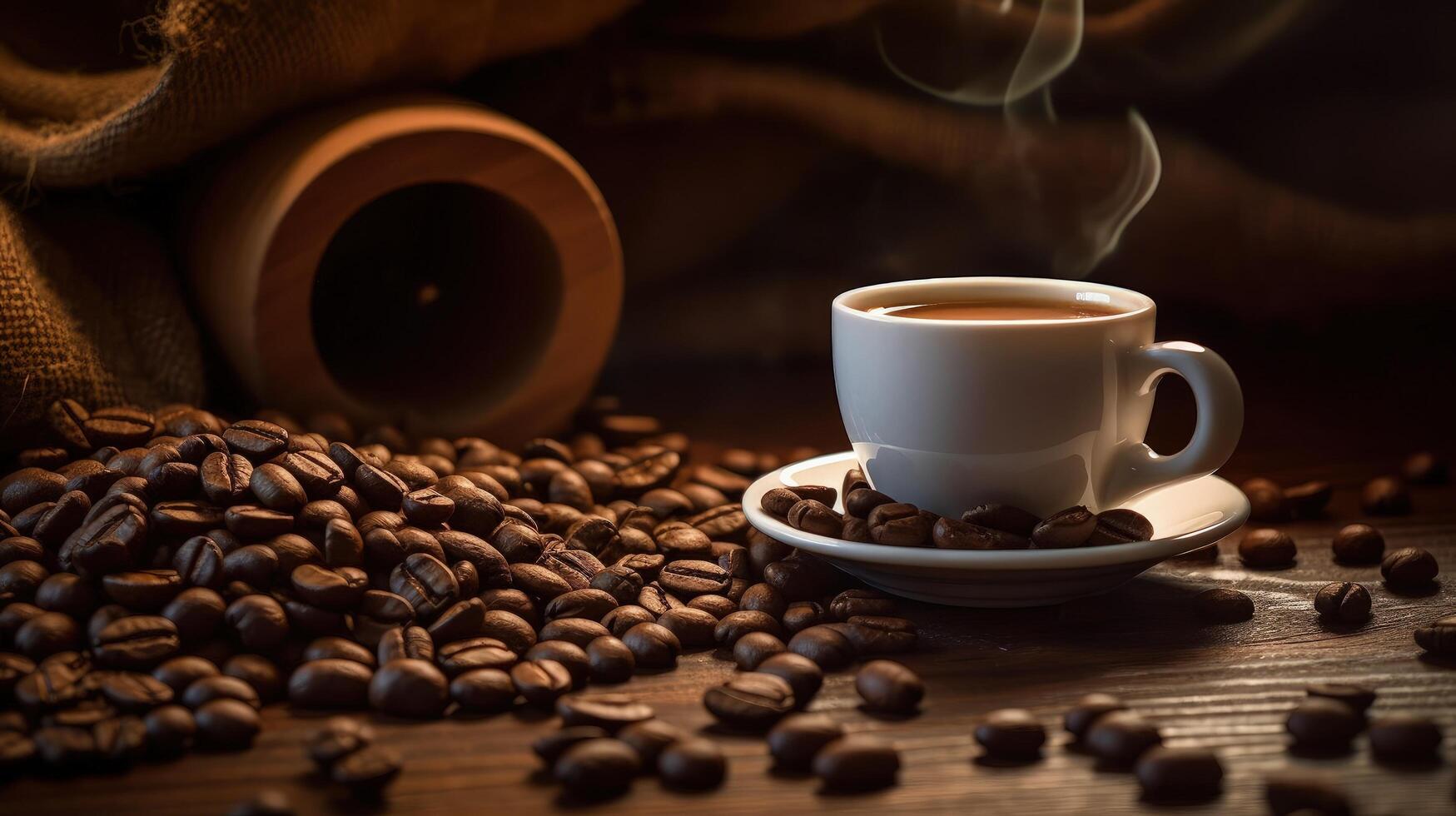 Coffee beans and a cup of black coffee on a wooden table Illustration photo