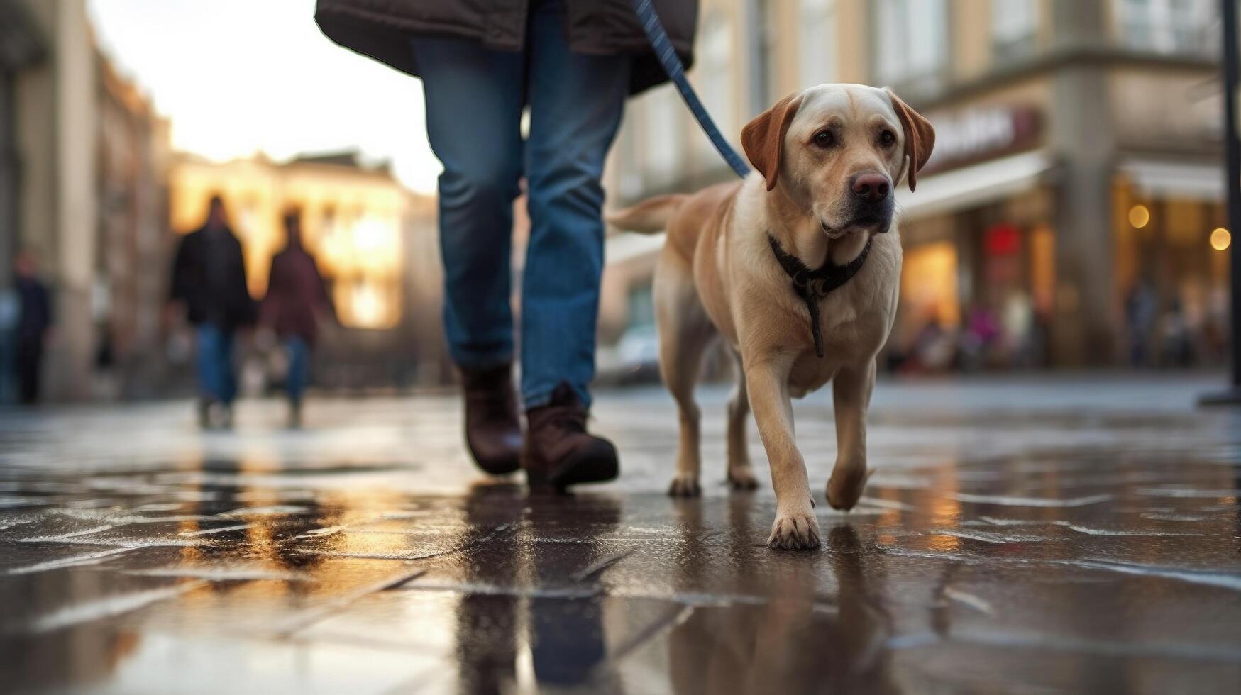 Owner and dog walking in city. Illustration photo