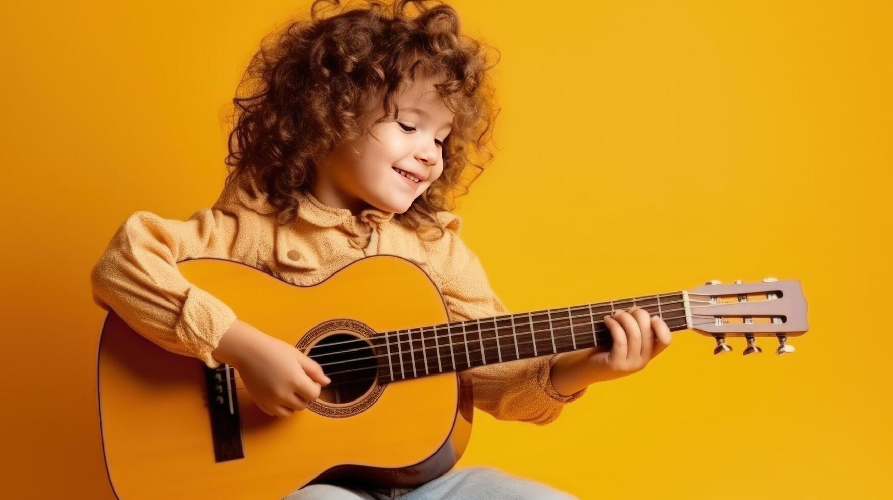 Rizado niña con guitarra. ilustración ai generativo foto