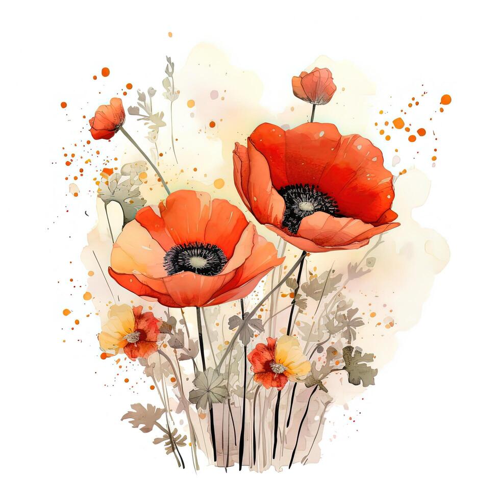 Watercolor poppy flower. Illustration photo