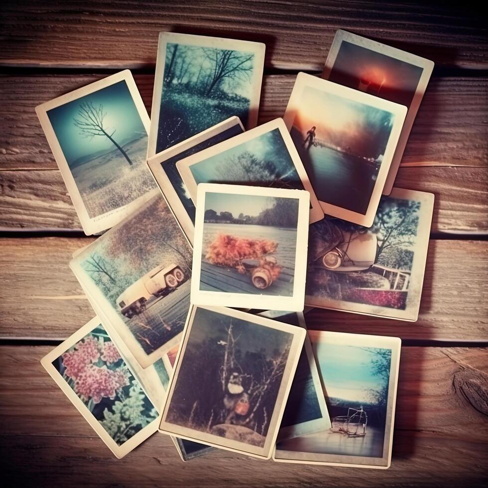 A stack of instant photos with summer theme. Illustration