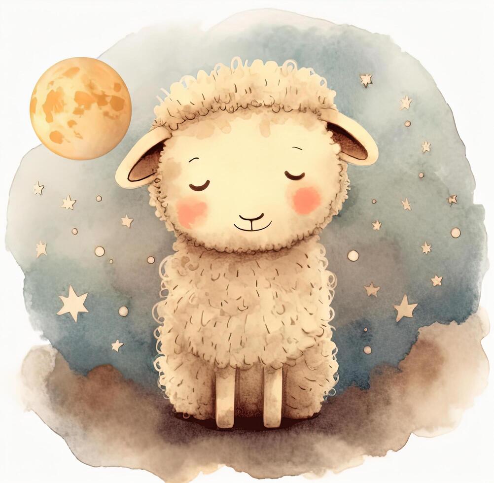 Cute watercolor night sheep and moon. Illustration photo