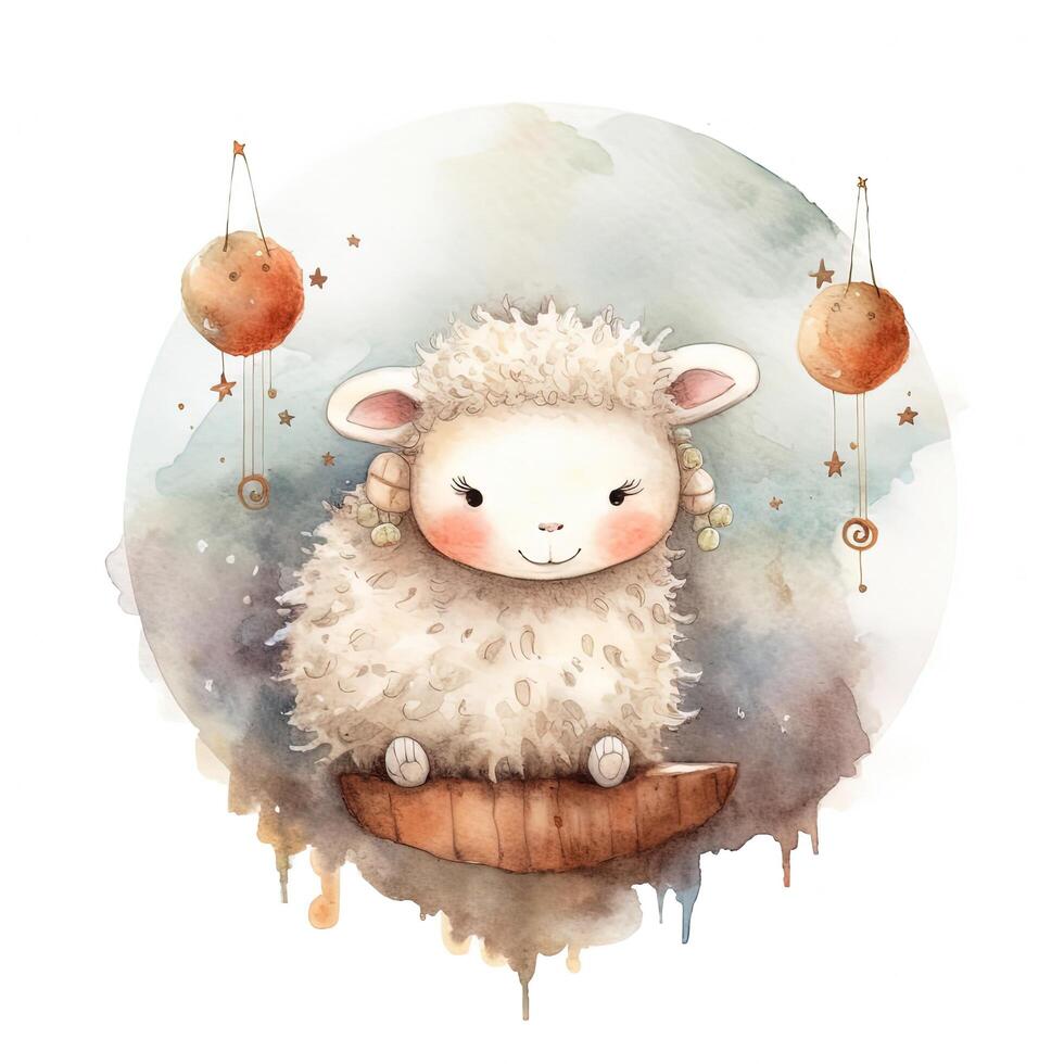 Cute watercolor night sheep and moon. Illustration photo