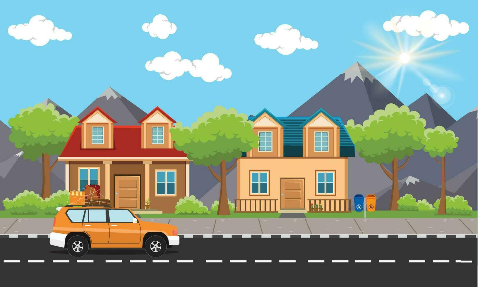 Two house and a car on the road . vector