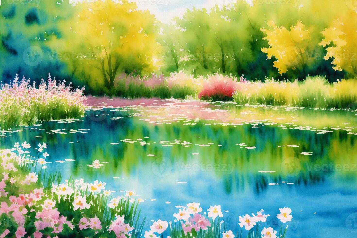 Tranquil Summer Scenery. A Watercolor Painting of Park, Lake, field and River. photo