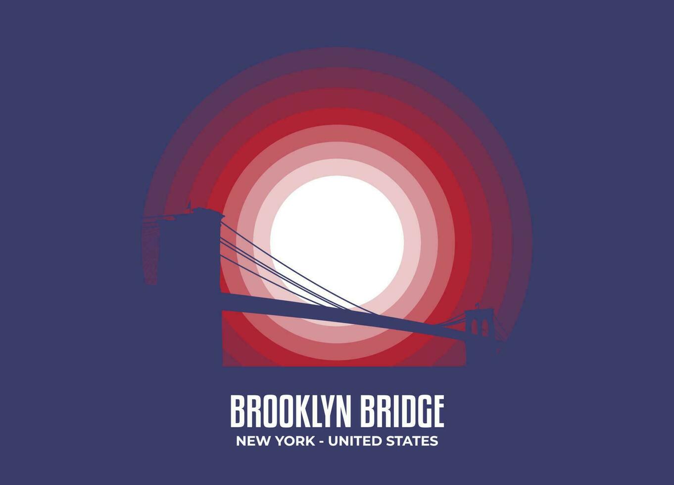 Brooklyn Bridge. Moonlight illustration of famous historical statue and architecture in United States of America. Color tone based on flag. Vector eps 10
