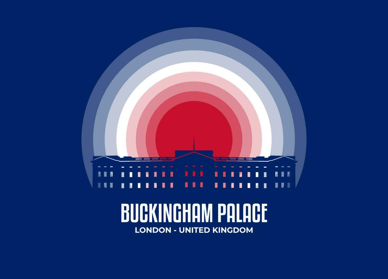 Buckingham Pallace. Moonlight illustration of famous historical statue and architecture in United Kingdom. Color tone based on flag. Vector eps 10