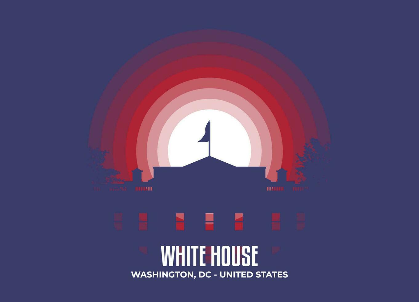White House. Moonlight illustration of famous historical statue and architecture in United States of America. Color tone based on flag. Vector eps 10