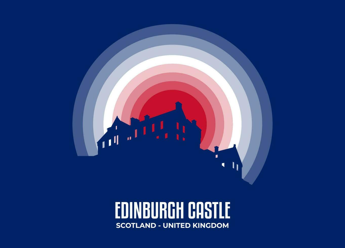 Edinburgh Castle. Moonlight illustration of famous historical statue and architecture in United Kingdom. Color tone based on flag. Vector eps 10