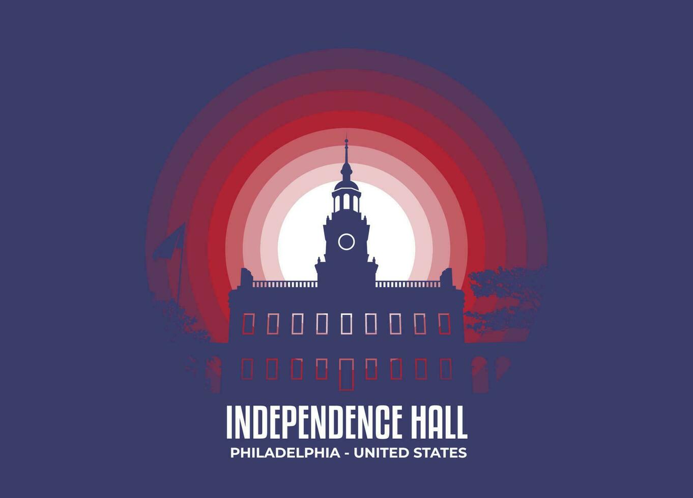 Independence Hall. Moonlight illustration of famous historical statue and architecture in United States of America. Color tone based on flag. Vector eps 10