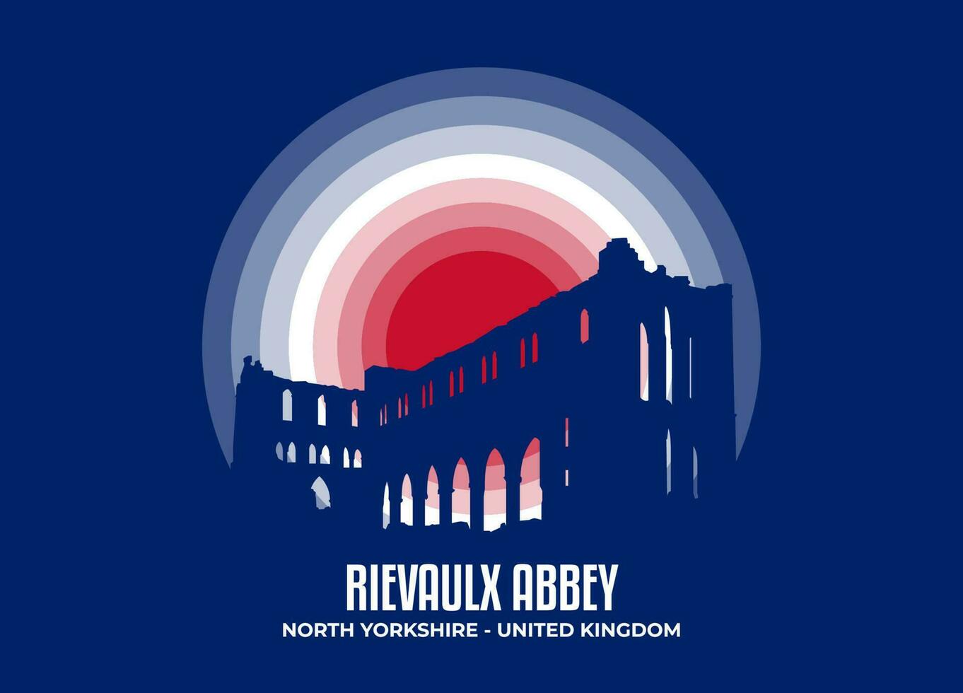 Rievaulx Abbey. Moonlight illustration of famous historical statue and architecture in United Kingdom. Color tone based on flag. Vector eps 10