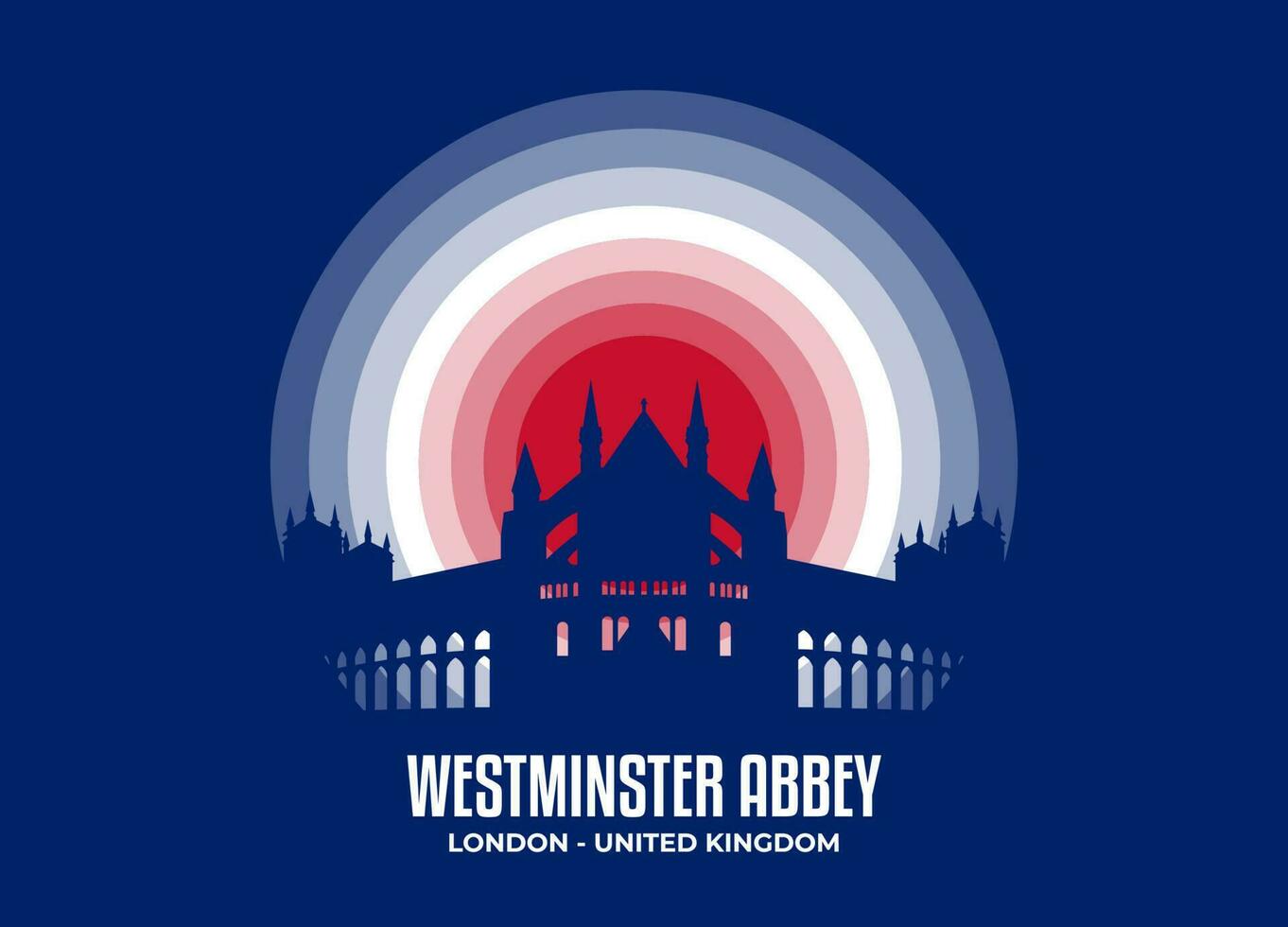 Westminster Abbey. Moonlight illustration of famous historical statue and architecture in United Kingdom. Color tone based on flag. Vector eps 10
