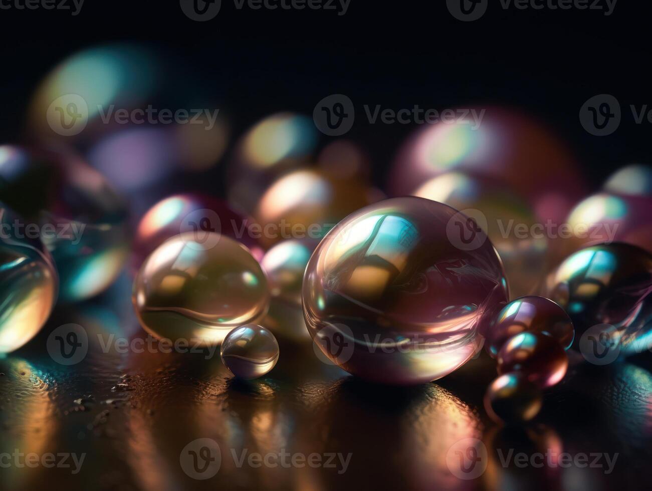 Iridescent pearl spheres on a dark background Liquid dynamic shapes Created with technology. photo