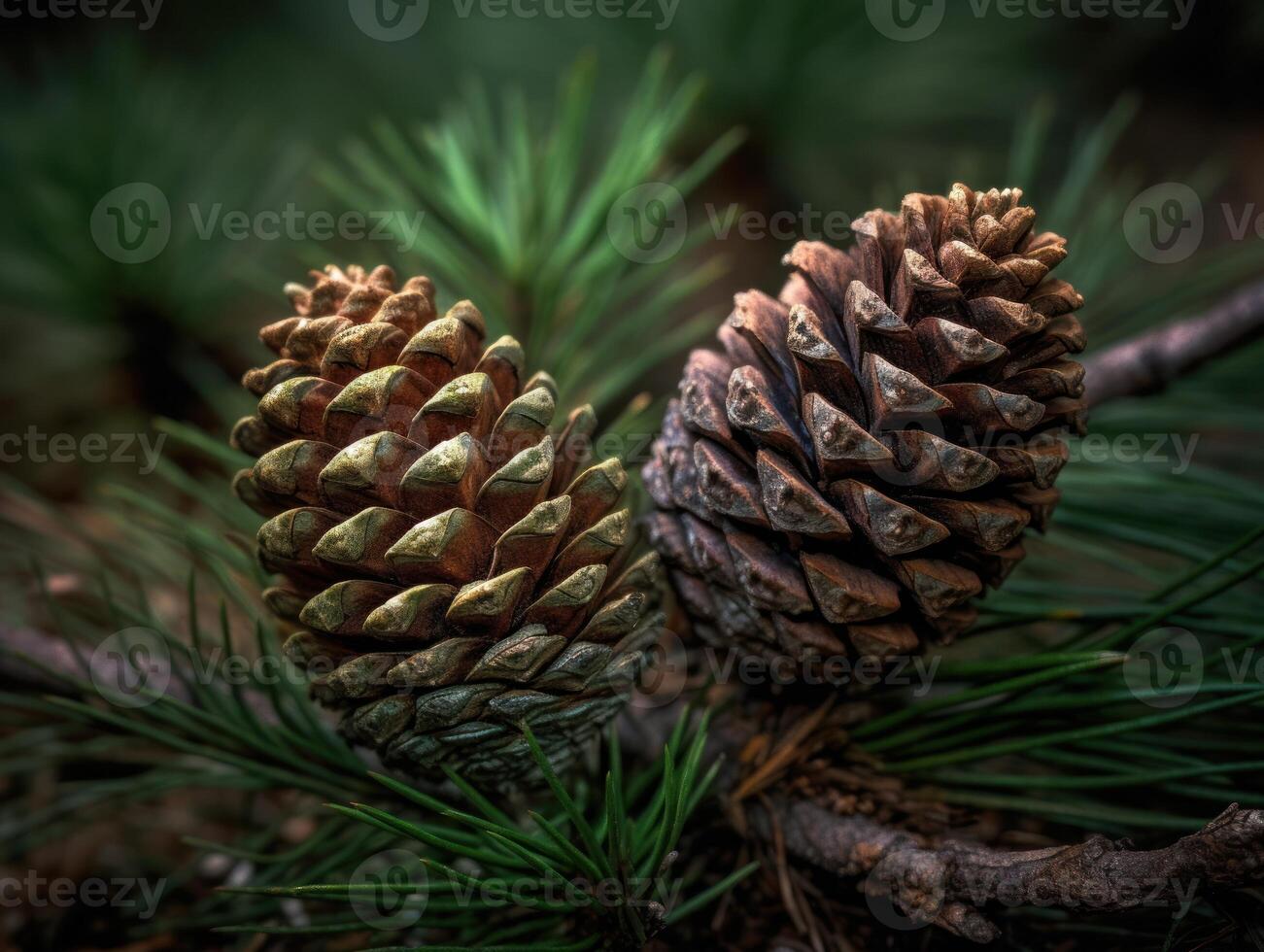 pino conos en el bosque. selectivo enfocar. creado con generativo ai tecnología. foto