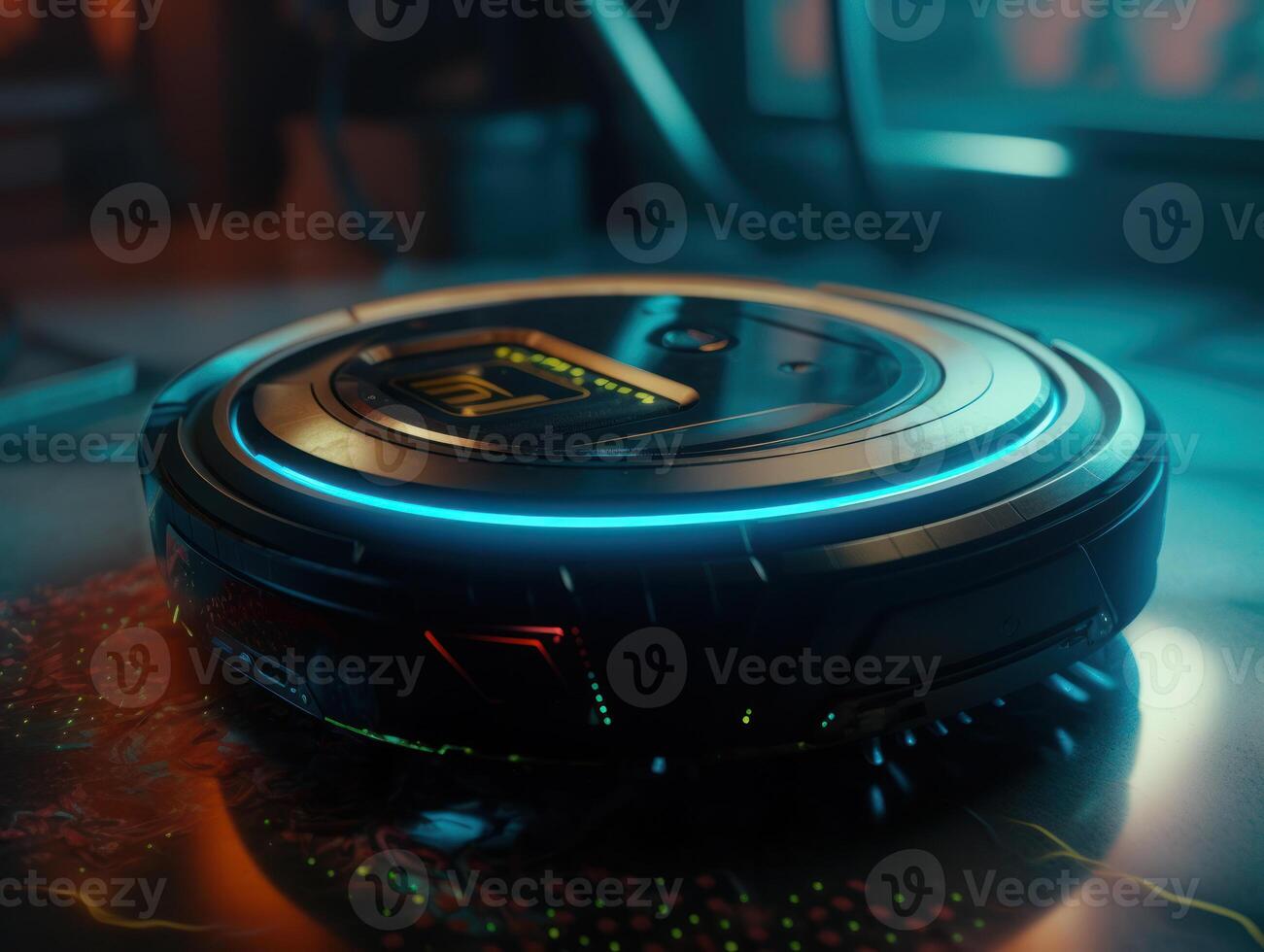 Robotic vacuum cleaner cleaning the floor in the living room. Cleaning service concept. Created with technology. photo