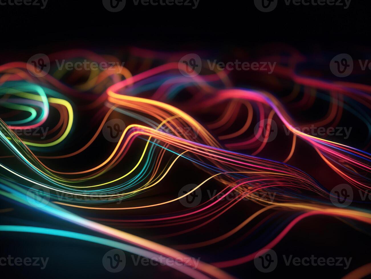 Neon lights wavy lines on dark background Created with technology. photo