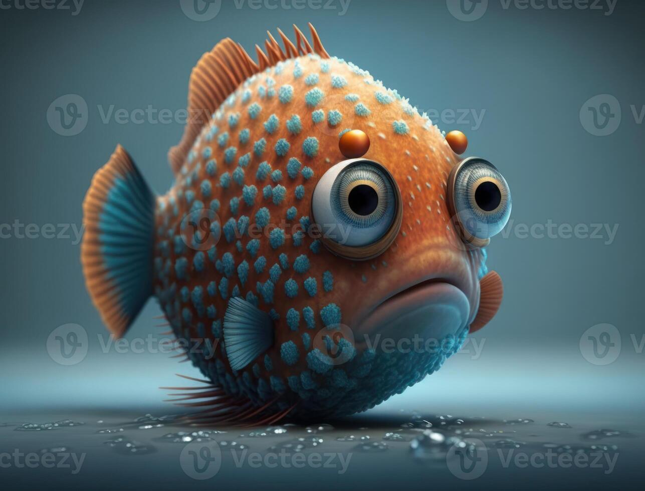 Funny fish character with big eyes Surprised emotion concept swimming underwater Created with technology. photo