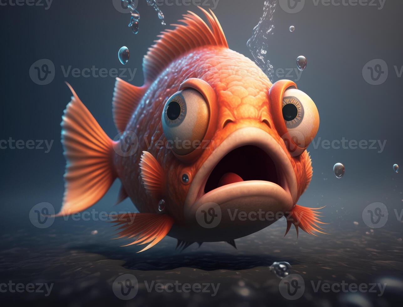 Funny fish character with big eyes Surprised emotion concept swimming underwater Created with technology. photo