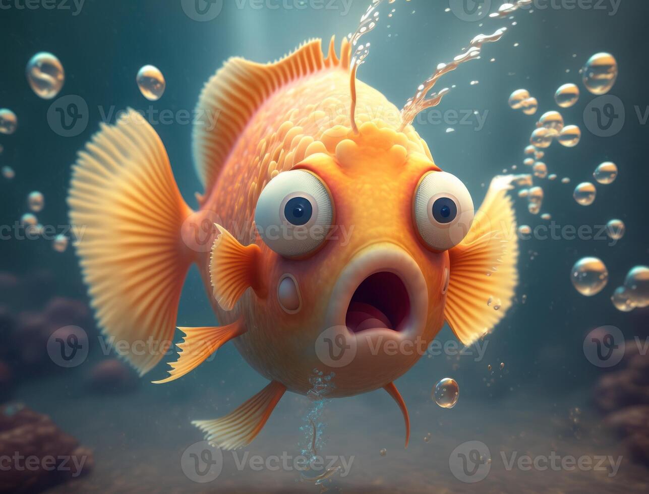 Funny fish character with big eyes Surprised emotion concept swimming underwater Created with technology. photo