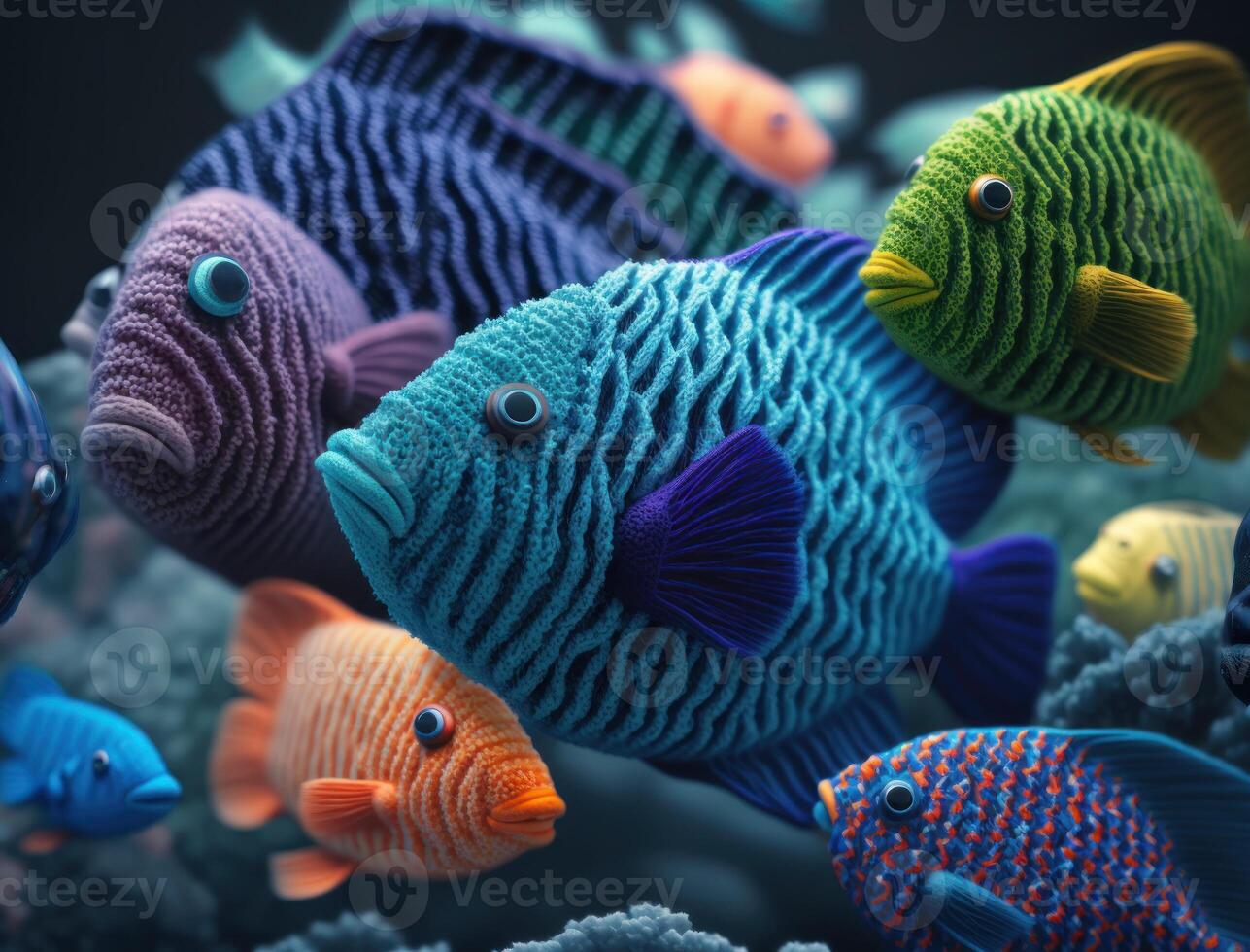 Group of colorful knitted fishes on dark background Created with technology. photo