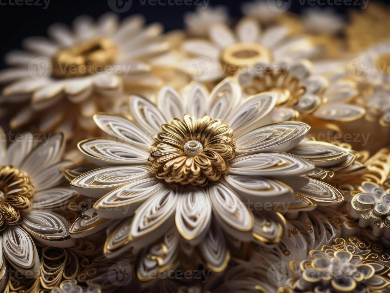 Paper made flowers Quilling craft technic white and gold abstract background lines Created with technology photo