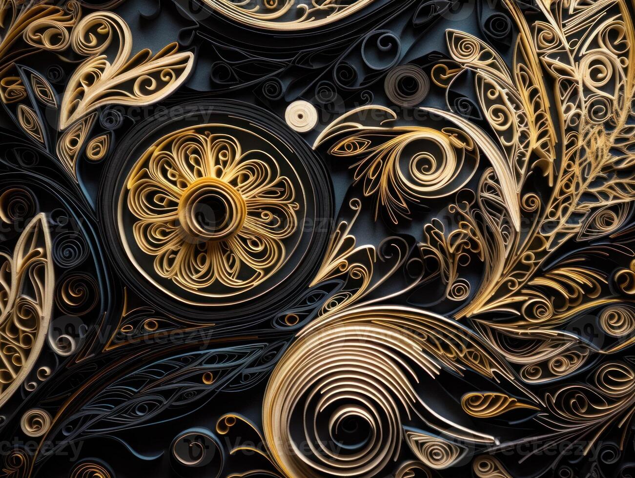 Paper made Quilling craft technic black and gold abstract background lines Created with technology photo