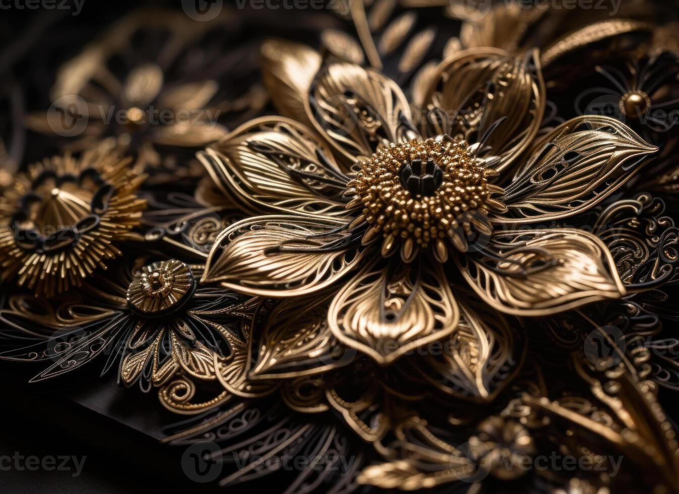 Paper made flowers Quilling craft technic black and gold abstract background lines Created with technology photo