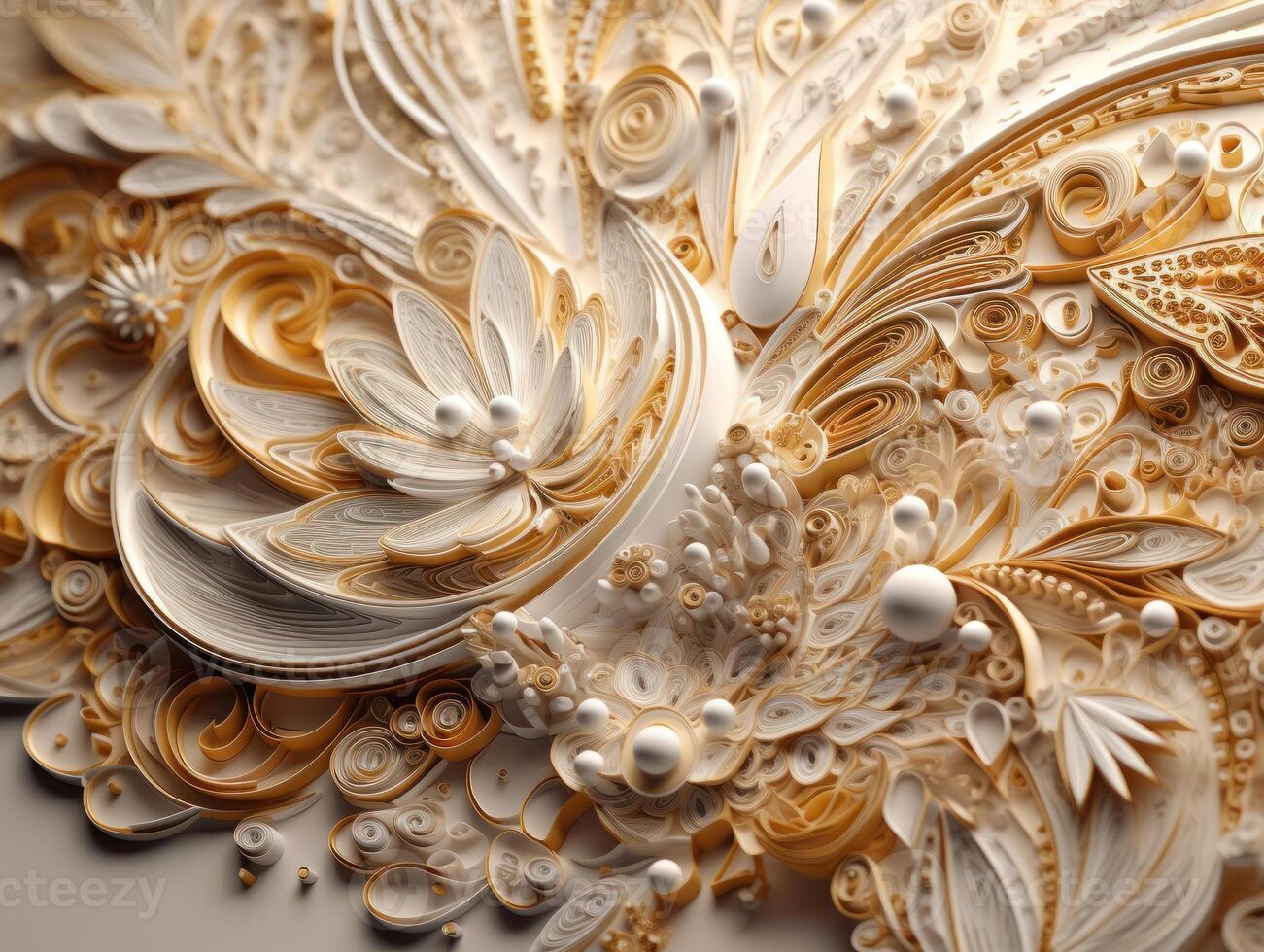 Paper made Quilling craft technic white and gold abstract background lines Created with technology photo