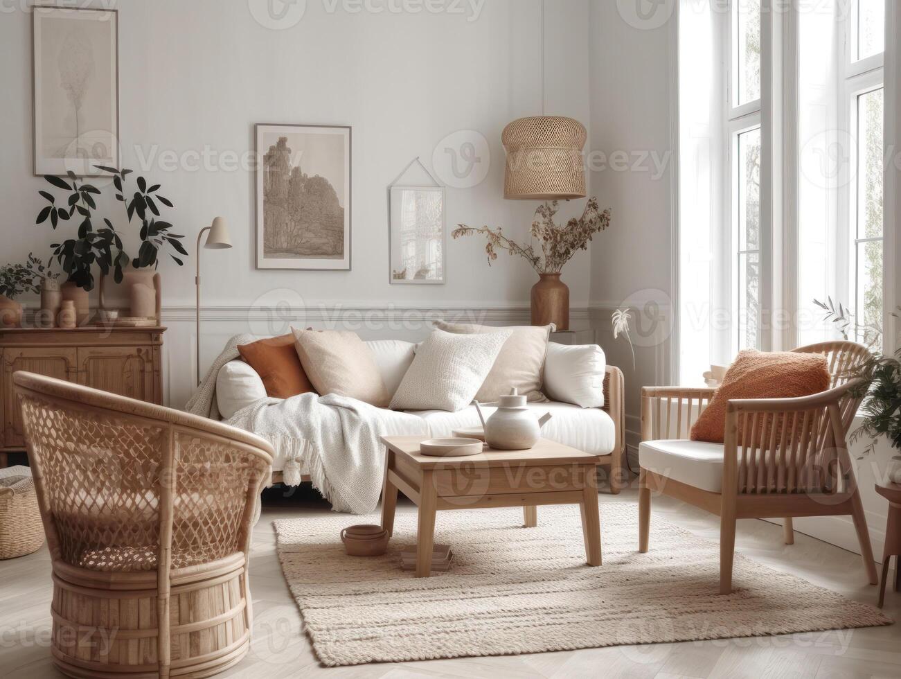 Stylish composition of cozy living room interior Created with technology. photo