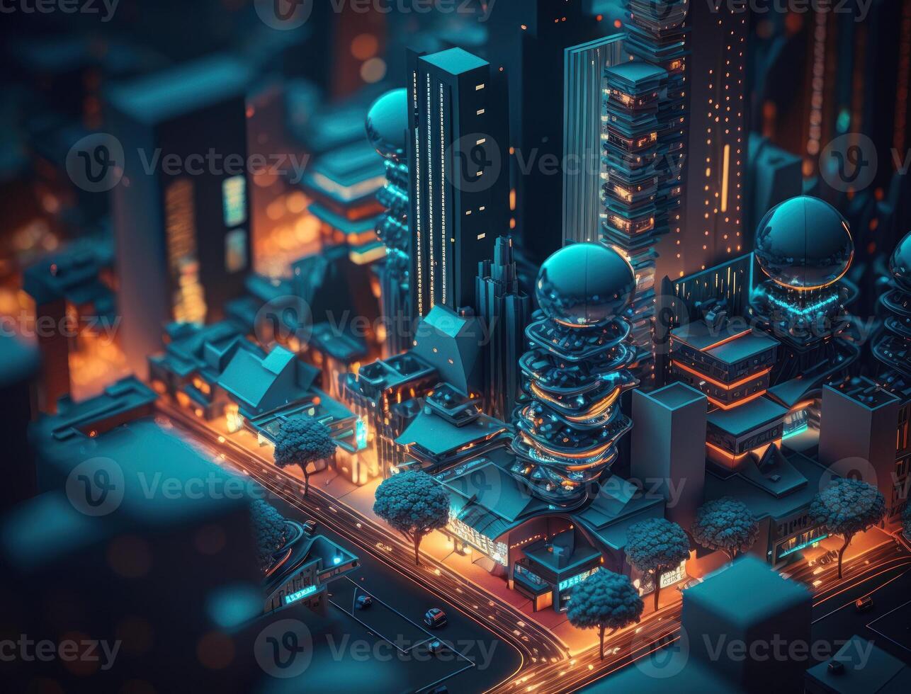 futurista ciudad paisaje paisaje urbano isométrica ver noche ciudad creado con generativo ai tecnología foto