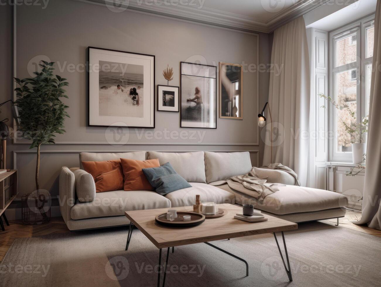 Stylish composition of cozy living room interior Created with technology. photo