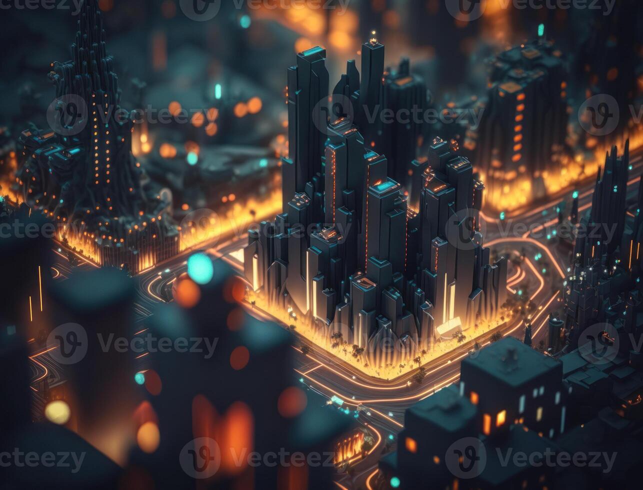 Futuristic city landscape cityscape isometric view Night city Created with technology photo