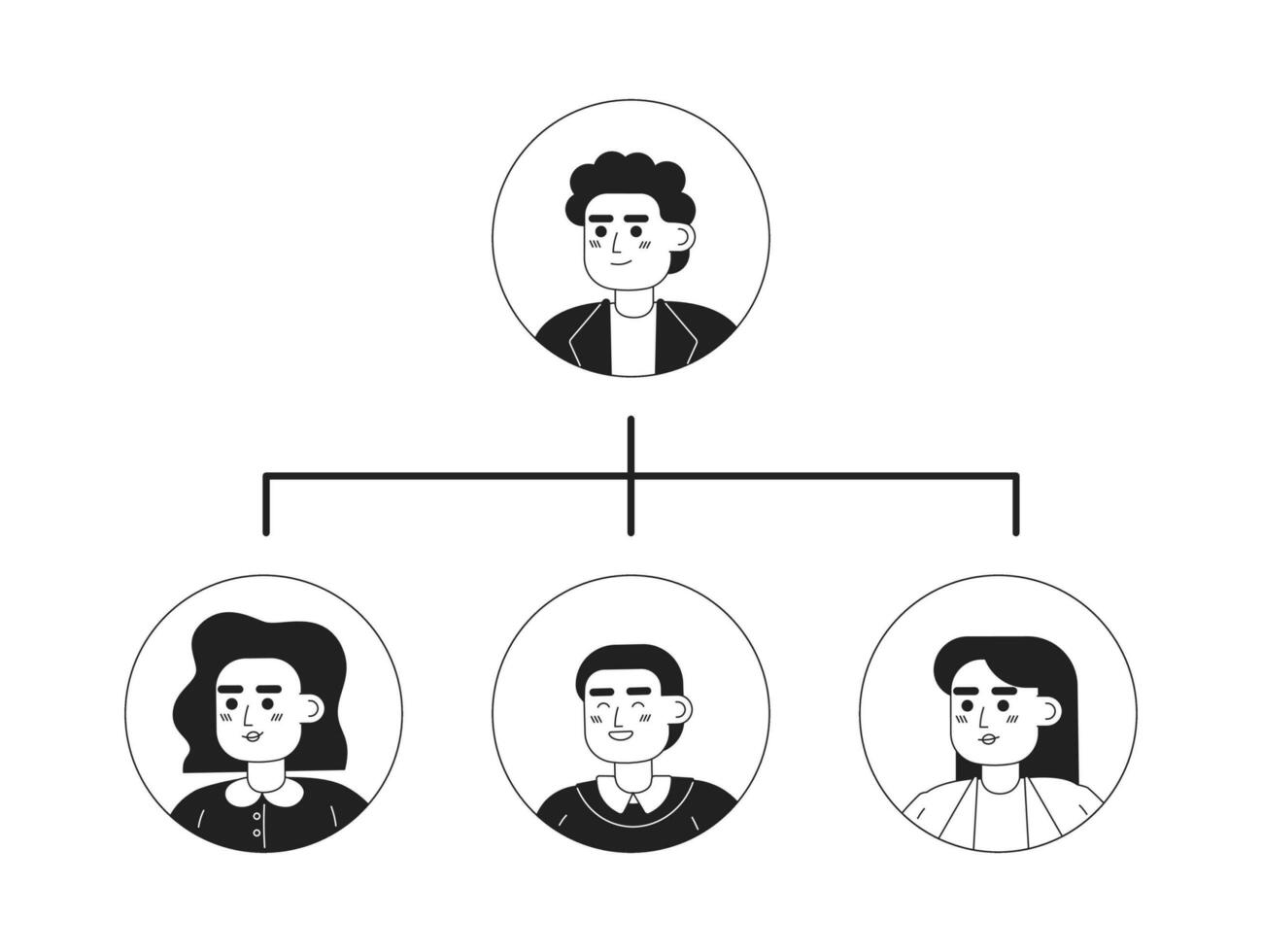 Team structure monochrome concept vector spot illustration. Employees hierarchy 2D flat bw cartoon characters for web UI design. Small business organization isolated editable hand drawn hero image